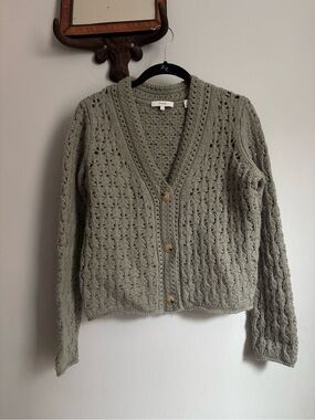 Vince Olive Crochet Openwork Button-Front Cardigan